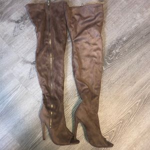 Liliana thigh high zip up suede tan boots